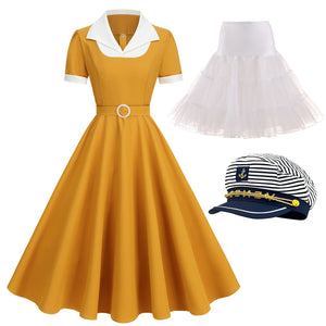 Sweet Navy Sailor Collar Short Sleeve Swing Vintage Dress with Hat Set