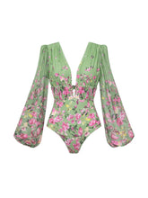 Load image into Gallery viewer, 2PS Sage Green Vintage Lantern Sleeve Flower Print Monokini and Flowy Beach Long Skirt Swimsuit Set