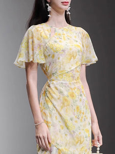 Yellow Floral Print Ruffles 1950S Vintage Dress