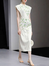 Load image into Gallery viewer, White Satin Green Leaves Flying Sleeves Print Vintage Dress