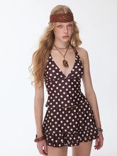 Load image into Gallery viewer, Retro Brown Polka Dot Tankini Set with Ruffle Skirt Two Piece Boho Swimsuit