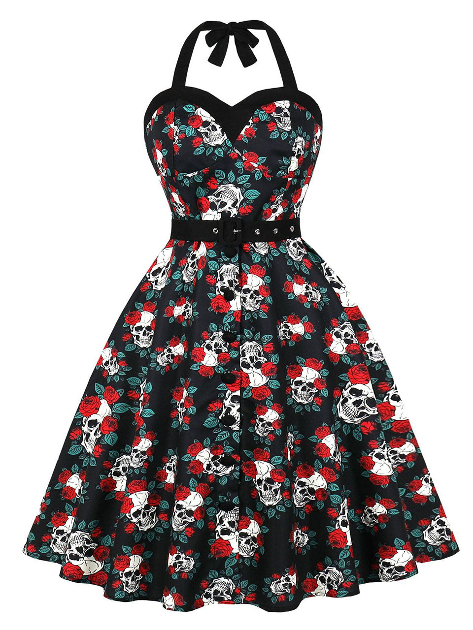 Gothic Black Skull and Rose Print Halter Vintage Halloween Dress