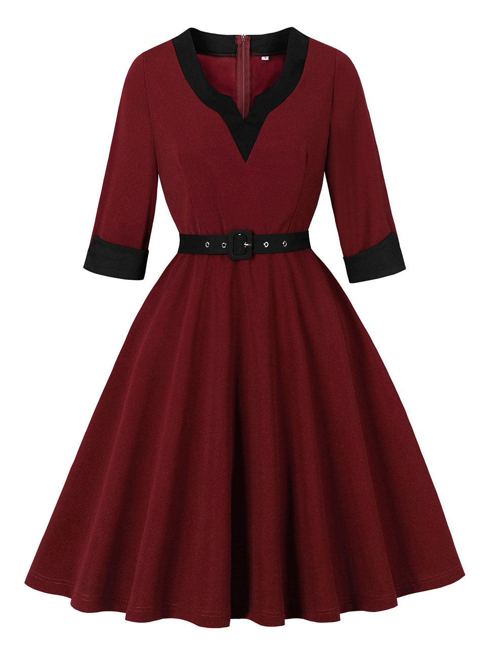 Wine Red Vintage Dress with Sweetheart Neckline and 3/4 Sleeves