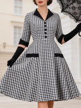 Load image into Gallery viewer, Black White Plaid V Neck 1950s Three-Quarter Sleeves Swing Dress