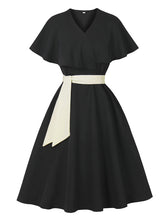 Load image into Gallery viewer, Audrey Hepburn Inspired Black Vintage Dress Elegant V-Neck Flounced Cape Cocktail Gown