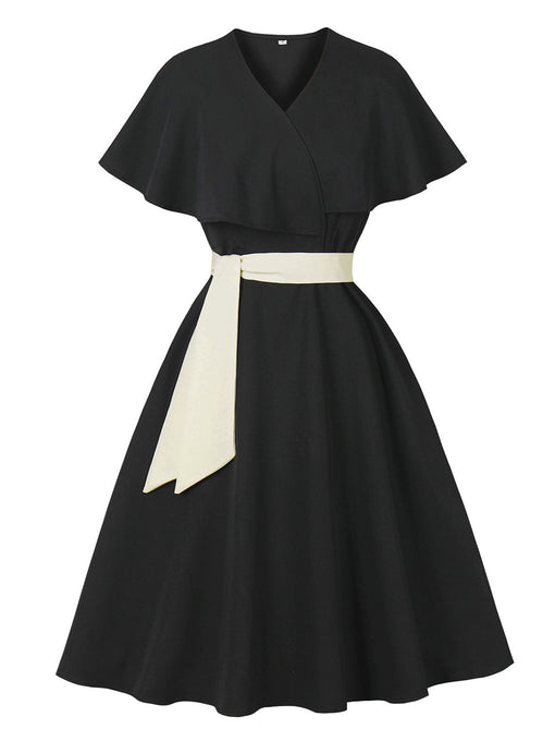 Audrey Hepburn Inspired Black Vintage Dress Elegant V-Neck Flounced Cape Cocktail Gown