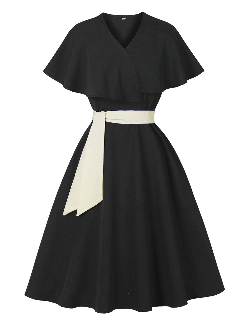 Audrey Hepburn Inspired Black Vintage Dress Elegant V-Neck Flounced Cape Cocktail Gown