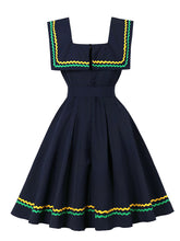 Load image into Gallery viewer, Navy Square Collar 1950s Swing Dress