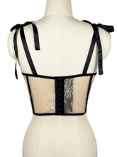 Load image into Gallery viewer, Black Bow Nude Lace Corset Top - Pearl Embellished Bustier with Tie Straps