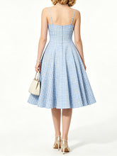 Load image into Gallery viewer, Vintage Blue Plaid Dorothy Dress, 1950s Sweetheart Neckline Retro Picnic A-Line Swing Dress