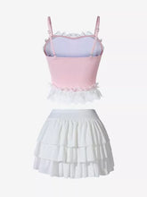 Load image into Gallery viewer, Pink Lace Bandeau and White Tutu Skirt Bikini Set  Two Piece High Waist Swimsuit