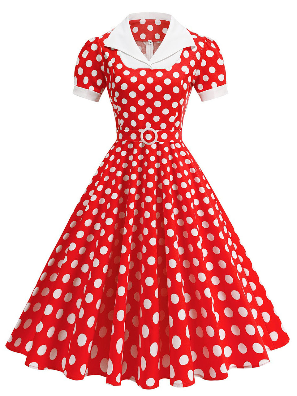 Red Polka Dots Short Sleeve 1950s Vintage Dress