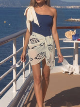 Load image into Gallery viewer, 2PS Navy Blue One Shoulder Tie-Bow Swimwear with Tribal Print Sarong Cover-Up Set