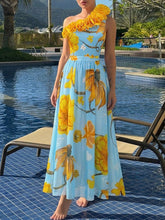 Load image into Gallery viewer, Women’s Light Blue Floral Print One-Shoulder One Piece with Yellow Ruffle and Long Skirt Set