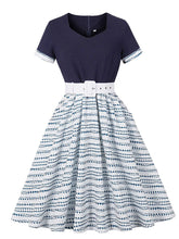 Load image into Gallery viewer, Navy Floral Print Short Sleeve 1950s Vintage Dress