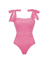 Load image into Gallery viewer, Barbiecore Pink and White Vertical Striped Strap One-Piece Swimsuit with Bathing Suit Skirt