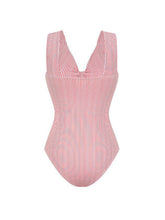 Load image into Gallery viewer, Barbiecore Pink and White Vertical Striped Strap One-Piece Swimsuit with Bathing Suit Skirt