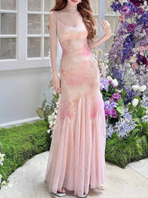 Load image into Gallery viewer, Pink Floral Print Spaghetti Strap Fish Tail Swing Party Maxi Dress
