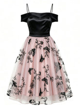 Load image into Gallery viewer, Vintage black off-shoulder spaghetti strap midi dress with pink butterfly tulle swing skirt