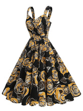 Load image into Gallery viewer, Orange 1950S Halloween Rose Printed V Neck Vintage Dress
