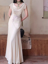 Load image into Gallery viewer, White Off Shoulder Bohemian Crochet  Fringe Mermaid Tail Maxi Dress