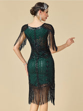 Load image into Gallery viewer, Women's 1920s Flapper Dress with Fringe Sleeves Black Gold Gatsby Costume Sequined Beaded Dress