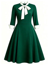 Load image into Gallery viewer, 1950s Emerald Green Bow Tie Swing Dress 3/4 Sleeves