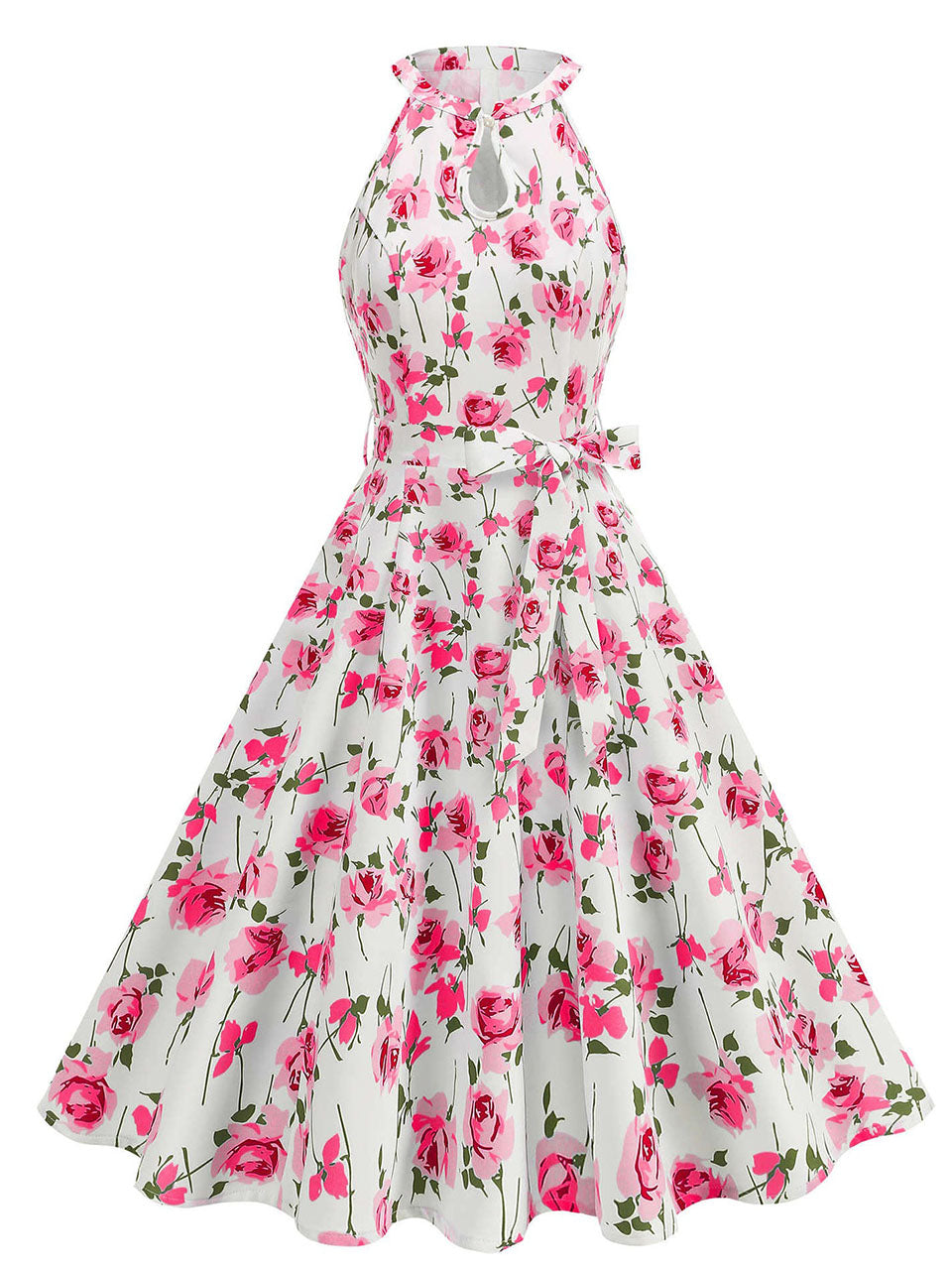 Floral Sleeveless Halter Neck 50S Swing Christmas Dress