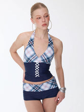 Load image into Gallery viewer, Lace Up Plaid Halter Tankini Set with Shorts Two Piece Swimsuit