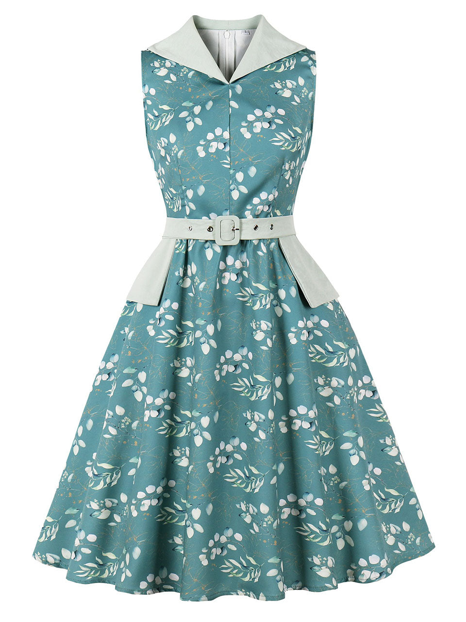 Retro Teal Lapel Collar Sleeveless A-Line Swing Dress with Pocket, Green / S