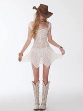 Load image into Gallery viewer, White Lace One Piece Swimdress Square Neck Skirted Swimsuit with Tie Front