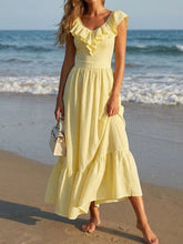 Load image into Gallery viewer, Women's Yellow Striped Ruffle V-Neck One Piece Swimsuit with Tiered Maxi Skirt Set