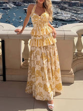 Load image into Gallery viewer, Women's Yellow Floral Striped Halter Swimsuit &amp; Tiered Ruffled Maxi Skirt Set