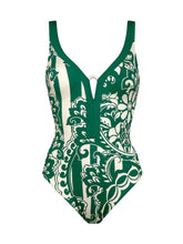 Load image into Gallery viewer, 2PS Women’s Green and White Paisley Tile Print V-Neck Swimsuit and Stripe Sarong Set