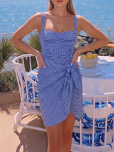 Load image into Gallery viewer, Women’s Blue Plaid Ruched One-Piece Swimsuit and Tie-Side Mini Sarong Cover-Up Set