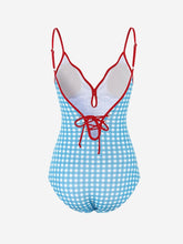 Load image into Gallery viewer, Blue Plaid Red Trim V-Neck One Piece Vintage Swimsuit