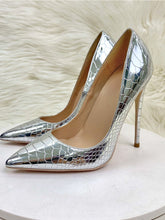 Load image into Gallery viewer, 8CM High Heel Pointed Toe Metallic Silver Leather Shoes