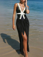 Load image into Gallery viewer, Women's Black and White Colorblock V-Neck Swimsuit &amp; Tie-Front Sarong Skirt Set