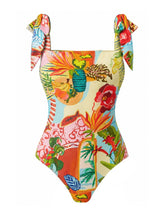 Load image into Gallery viewer, Colorful Tropical Floral One-Piece Swimwear with Tie Strap and Chiffon Maxi Skirt Set
