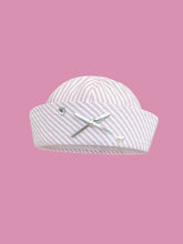 Load image into Gallery viewer, Light Blue Striped Sailor Hat for Women – Retro Canvas Gob Cap with Silver Heart Hardware