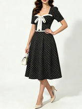 Load image into Gallery viewer, Vintage Black Polka Dot Bow Tie Swing Dress with Short Sleeves