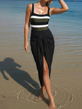 Load image into Gallery viewer, Black Striped One-Piece Swimsuit with Matching Tie-Front Wrap Skirt