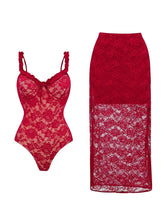 Load image into Gallery viewer, 2PS Red Floral Lace One Piece Swimsuit with Sheer Maxi Skirt Set