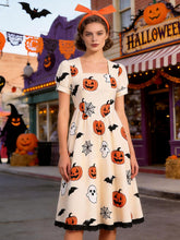 Load image into Gallery viewer, 1950s Orange Square Neck Short Sleeve Halloween Pumpkin Print Vintage Swing Dress with Headband