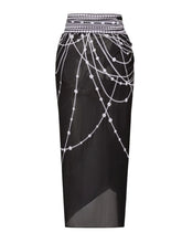 Load image into Gallery viewer, Black Beaded Chain Print Long Sleeve Bodysuit with Sheer Wrap Skirt