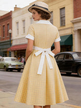Load image into Gallery viewer, 1950s Yellow Plaid Lapel Collar Short Sleeve Swing Dress
