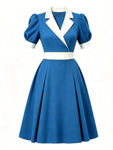 Load image into Gallery viewer, 1950s Lake Blue Notch Lapel Collar Vintage Puff Sleeve Retro Swing Dress