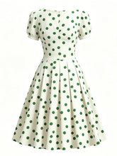 Load image into Gallery viewer, 1950s Green Polka Dots Vintage Puff Sleeve Retro Swing Dress