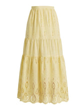 Load image into Gallery viewer, Women’s Pastel Yellow 3D Flower Applique One-Piece Swimsuit and Eyelet Cutout Long Skirt Set