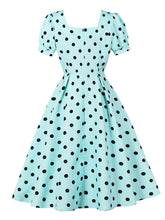 Load image into Gallery viewer, 1950s Mint Blue Polka Dot Puff Sleeve Vintage Swing Dress